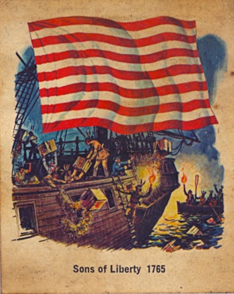 An illustration shows men on a ship's deck at night, throwing crates overboard into the water. A large red and white striped flag flies above the ship, and the caption at the bottom reads