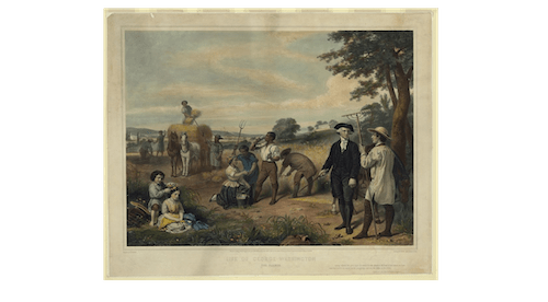 A painted scene depicts George Washington and another white man standing on the right, near a group of enslaved Black people working in a field. In the background, two white children sit in the grass, while other enslaved people continue their work with a hay bale.