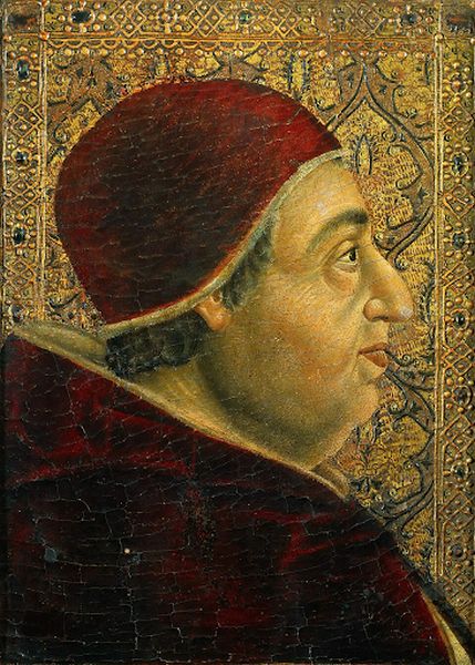 A historical portrait shows a side profile of Pope Alexander VI, who has a double chin and a thick neck, wearing a red cap and robe. The rich gold background is decorated with intricate geometric patterns and a gilded filigree design.