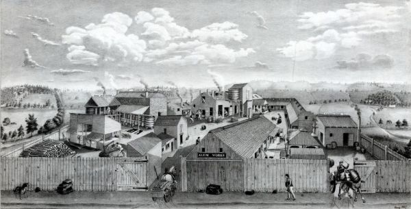 A black and white 19th-century lithograph depicts a sprawling industrial complex labeled 