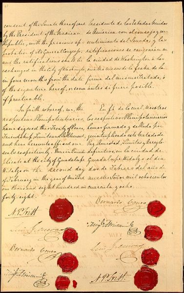 A handwritten document showing the final page of the Treaty of Guadalupe Hidalgo, featuring signatures of U.S. and Mexican representatives and several red wax seals.