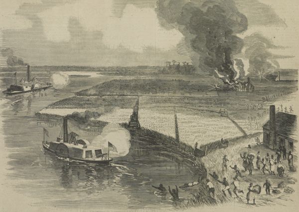An engraving shows two Union steamships firing cannons toward a riverbank where people are gathered and fleeing. Smoke rises from a burning structure in the distance, while several individuals are seen in the water and running across an open field.