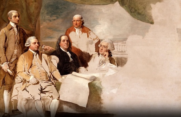 This painting is by a famous artist from the 1700s, but it is not finished. Only the left two-thirds of the canvas are painted. It shows Benjamin Franklin, John Adam, and three other Revolutionary War American leaders sitting at a table. They seem to be waiting. British officials were supposed to sign the treaty, but they did not arrive, so the artist could not finish the picture.
Title: American Commissioners of the Preliminary Peace Agreement with Great Britain Artist: Benjamin West (1738-1820). 1783-1784. Winterthur Garden, Museum and Library, Winterthur, DE. Public domain via Wikimedia Commons.