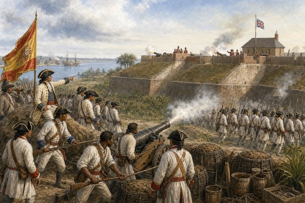 Illustration of Patriot militia attacking British forces at the Battle of Charlotte during the American Revolution. Soldiers fire cannons and muskets as they advance toward a fortified British position, with smoke filling the battlefield and military flags flying overhead.