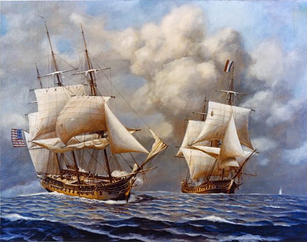 An oil painting depicts a naval battle between the American frigate USS Constellation on the left and the French frigate L'Insurgente on the right amidst choppy blue waves. The American ship fires its cannons as it passes the French vessel under a sky filled with dramatic, billowing clouds. 