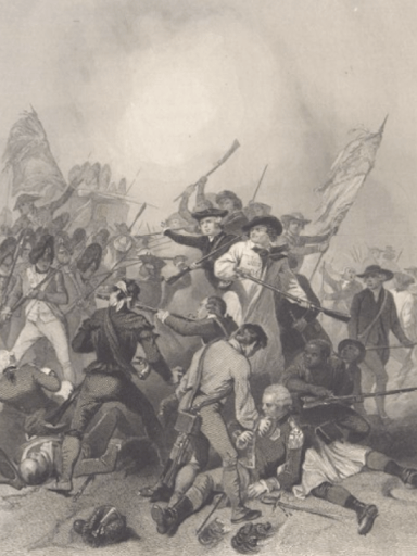 A black-and-white print shows a chaotic scene at the Battle of Bunker Hill, with colonial militiamen fighting with rifles and clubs. Many men are shown wounded or falling to the ground, with flags waving in the smoky background.