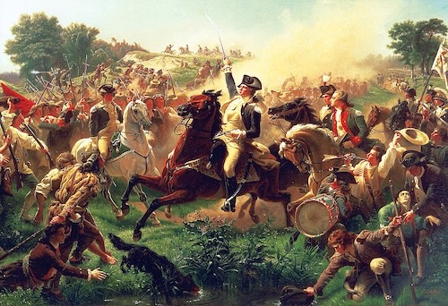 A dramatic color painting shows George Washington on a rearing horse, holding a sword above his head to lead troops into a battle. The battlefield is chaotic, with soldiers fighting in the background and men falling to the ground in the foreground.