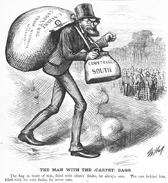 A political cartoon by Thomas Nast depicts a bearded man in a top hat and striped trousers walking toward the right. He carries a massive bag on his back labeled “Carpet Bag C. Schurz” and a smaller bag in front labeled “Carpet Bagger South”