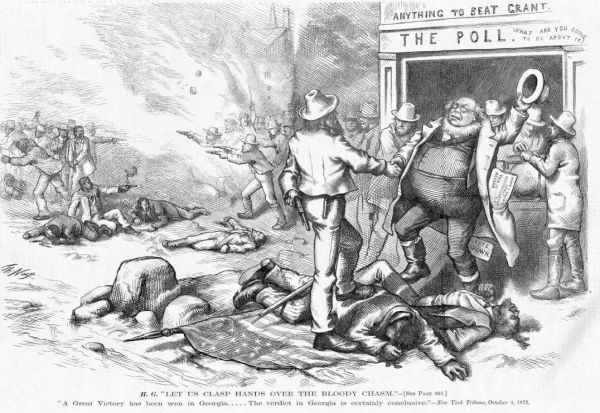 An illustration by Thomas Nast depicts two men shaking hands in front of a building labeled THE POLLS, while one man stands over the bodies of two Black men lying on an American flag. In the background, a chaotic scene unfolds with a group of armed men firing pistols at individuals who are falling or lying on the ground.