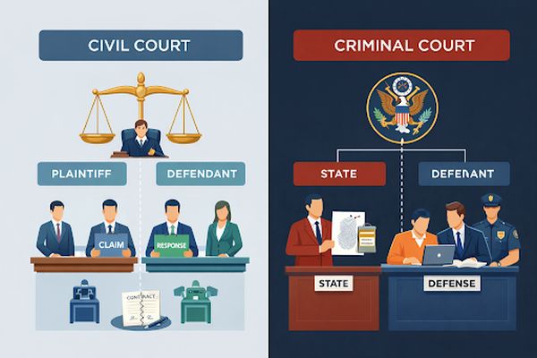 Side-by-side infographic comparing civil and criminal court in the United States. The left panel, labeled “Civil Court,” shows a balanced scale of justice above a judge and two equal parties labeled Plaintiff and Defendant holding “Claim” and “Response” documents, with a contract icon below. The right panel, labeled “Criminal Court,” shows a government seal above a judge, a prosecutor labeled “State” presenting fingerprint evidence, and a defendant seated with a defense attorney and police officer, emphasizing government versus individual.