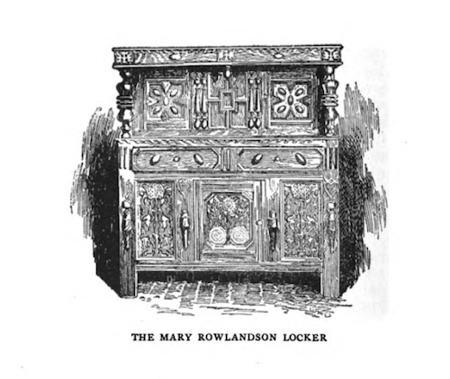 A black and white illustration depicts a highly ornate, antique wooden locker, labeled