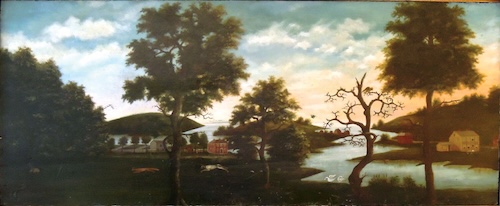 A panoramic folk art oil painting depicts a serene, idealized landscape with a river winding through it. The scene features a variety of trees, some with full foliage and one notably bare, along with scattered buildings, figures, and birds, all under a partly cloudy sky.
