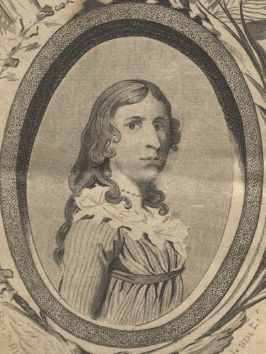 A black-and-white engraving shows a portrait of a woman in an oval frame. She has long, wavy hair and is wearing a ruffled dress with a high collar.