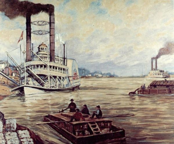 An oil painting depicts a large, ornate river steamboat with twin smokestacks and a paddlewheel docking near a muddy riverbank. In the foreground, three figures sit on a small, dark wooden barge with oars on a wide river, with another steamboat visible in the distance.