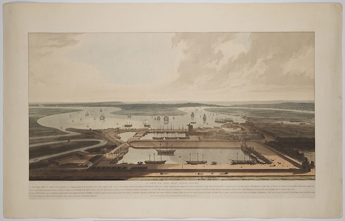 A wide, panoramic painting shows a bustling colonial-era port filled with many sailing ships. The view is from above the harbor, showing docks and buildings surrounding the water and a river leading off into the distance.
