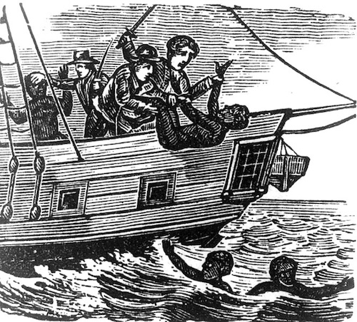 An engraved illustration shows several white men on the deck of a ship, throwing an enslaved African overboard into the tumultuous water below. Two other enslaved individuals are already in the water, their hands reaching out amidst the waves.