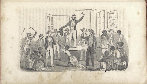 This detailed black-and-white illustration depicts a crowded slave auction in an indoor setting. An auctioneer stands on a table with a raised gavel, presenting an enslaved woman to potential buyers, while other enslaved individuals, including children, are visible, some appearing distressed or in chains, beneath a