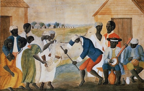 This vibrant painting depicts a gathering of enslaved African people engaging in music and dance outside of simple dwellings. Several figures are playing instruments like a banjo and what appears to be a fiddle, while others are dancing or observing, set against a backdrop of a large plantation.