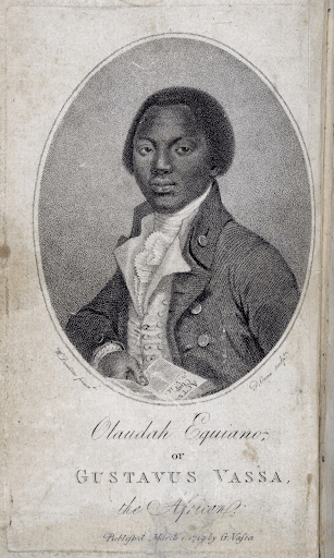 This is an oval-framed, black-and-white portrait of Olaudah Equiano, also known as Gustavus Vassa,