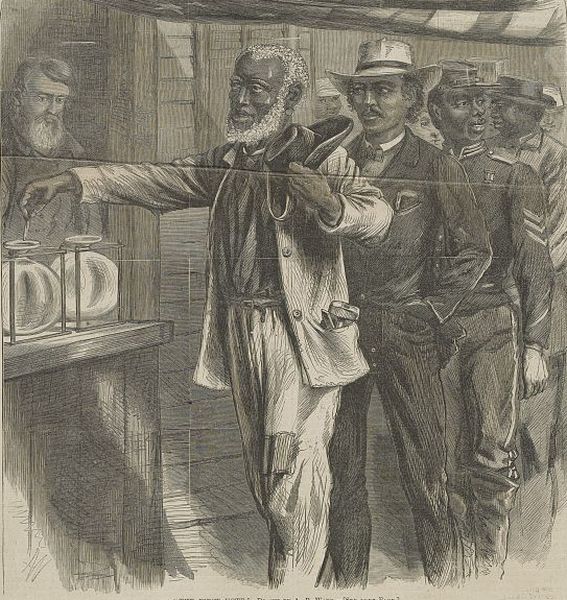 This illustration shows a line of Black men waiting to vote at a polling place. The man at the front of the line drops his ballot into a glass jar while holding his hat in his other hand.