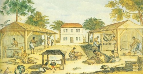 Black-and-white engraving from 1670 depicting enslaved Africans laboring in tobacco fields in colonial Virginia, with overseers watching and rows of plants in the background.