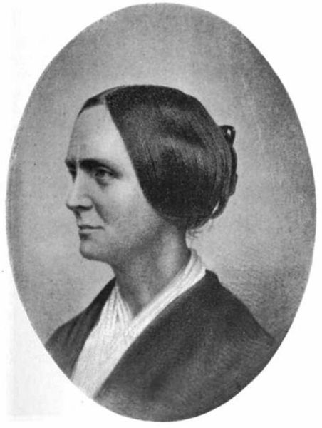 A black and white oval portrait of Abby Kelley (later Abby Kelley Foster), a prominent American abolitionist and women's rights activist. She is shown in profile, looking to the left, with her hair parted severely in the middle and pulled back tightly, wearing a dark shawl over a light-colored garment.