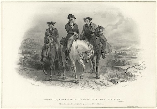 A black-and-white print shows three men on horseback riding through a rural, hilly landscape. The text below the image identifies the riders as