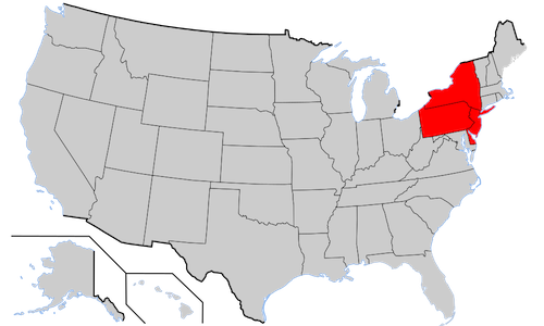 This map of the United States highlights the Middle Atlantic area of the middle colonies in red, including New York, Pennsylvania, New Jersey, Delaware, Maryland, Connecticut, and Massachusetts. The rest of the US states are shown in gray. and other colonial claims like Louisiana, Florida, Canada, and Nova Scotia are also shown.