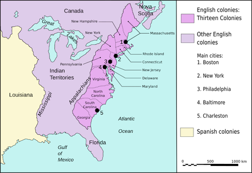 This is a map depicting the Thirteen Colonies and surrounding territories in North America. The colonies are highlighted in purple along the Atlantic coast, with labeled states, while vast 