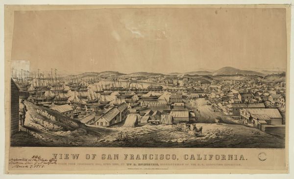 A wide, panoramic, black-and-white lithograph depicts the busy harbor and growing town of San Francisco around the time of the Gold Rush. The cove is densely packed with dozens of ships with tall masts, while the shore shows small wooden buildings and rolling hills beyond the settlement.