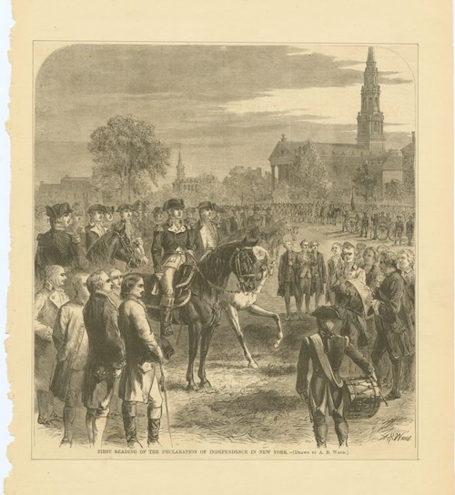 A black-and-white print shows a man on horseback, wearing a military uniform and a tricorn hat, in the middle of a crowd. The crowd includes both soldiers and civilians, with some men on foot holding a document.