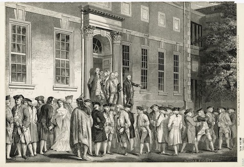 A black-and-white print shows a crowd of people gathered in front of a large, formal building with tall windows and columns. A group of men in 18th-century attire stands on the building's steps, with one gesturing toward the crowd below.