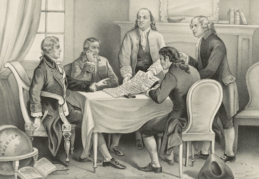 A black-and-white illustration shows five men in colonial-era clothing gathered around a table, looking at a large document. A globe labeled