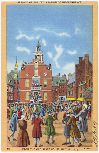 A colored illustration depicts a large crowd gathered outside of a red brick building with a clock tower. On a balcony of the building, a man reads from a document to the crowd.