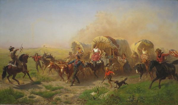 This is an oil painting depicting a dynamic and dramatic scene of an emigrant wagon train moving quickly across a grassy plain under a hazy, dusty sky. Covered wagons, oxen, horses, and pioneer figures—including a prominent woman in a red and white dress—are shown in a state of urgent motion, suggesting a moment of excitement or peril on the trail.