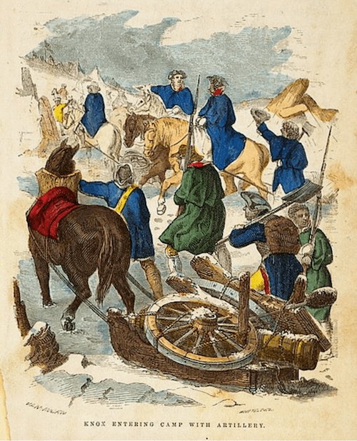 A color illustration shows a group of men pulling a large artillery cannon on a sled through a snowy winter landscape. The men, some on horses, are dressed in colonial military attire, and the caption reads