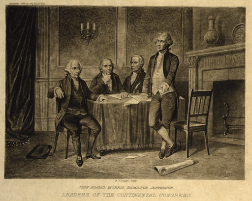 A black-and-white print shows four men in 18th-century attire gathered in a formal room with a table and a fireplace. The caption below the image identifies them as