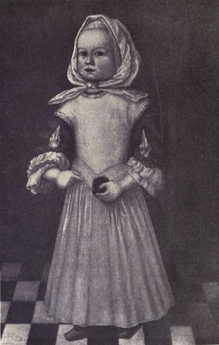 Black-and-white portrait of a young colonial child wearing a bonnet and formal gown, standing on a checkered floor, representing clothing styles and societal norms for children in colonial America.
