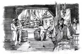 Illustration showing indentured servants lifting barrels and crates on a busy colonial dock near tall ships in Hampton, Virginia
