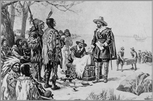 A historical painting showing Dutch settlers exchanging goods with Native Americans on the shoreline. The Native group stands to the left, while European colonists, some holding trade items, stand to the right. Trees, ships, and the water frame the scene.