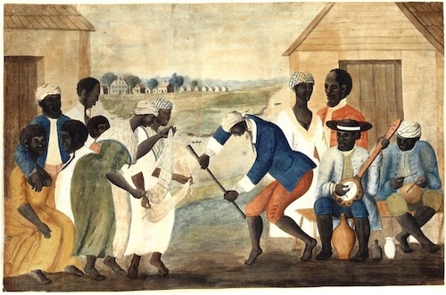 An 18th-century illustration showing a group of enslaved people dancing in a circle while one person plays the banjo. European figures observe from a distance in a tropical outdoor setting