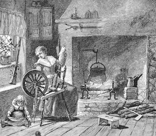 A black-and-white drawing of a woman seated at a spinning wheel in a colonial kitchen, with another woman standing nearby and shelves of pots and dishes in the background.
