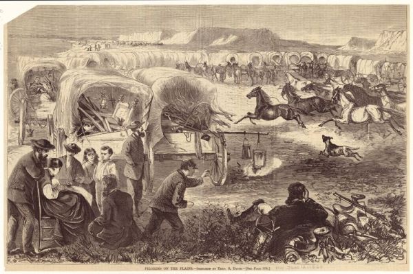 A historical black-and-white engraving depicts a chaotic scene at a wagon train encampment, possibly a stampede, as horses bolt away and a dog runs excitedly among the covered wagons. In the foreground, emigrants, including men, women, and children, gather and react to the commotion near their wagons.