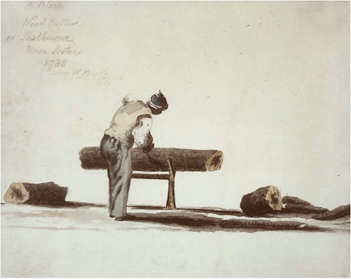 A hand-colored sketch shows a Black man sawing a large log on a sawhorse, with two other logs on the ground nearby. The sketch, made in Nova Scotia in 1788, has text in the upper left corner identifying the subject as a