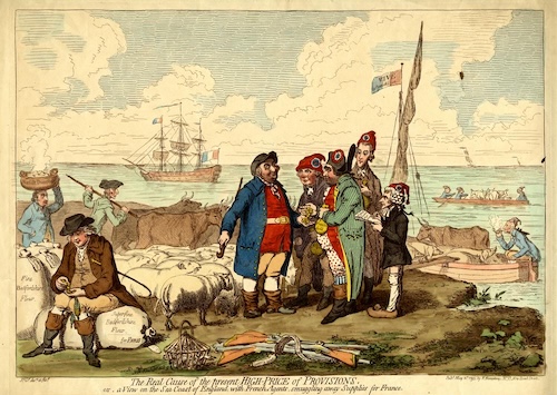 This political cartoon depicts French agents on the English coast illegally buying and smuggling provisions like flour and livestock for France. The image implies this illicit trade is the primary reason for high food prices in England. Various figures are shown engaging in these transactions and loading goods onto boats bound for a distant French ship.