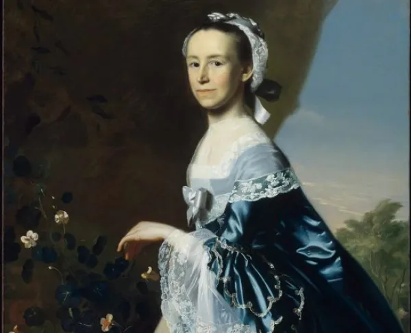 A painted portrait of Mercy Otis in a blue satin dress with white lace trim and a small white bonnet. She is shown from the waist up, turning to face the viewer, with one hand extended toward flowers on her left.
