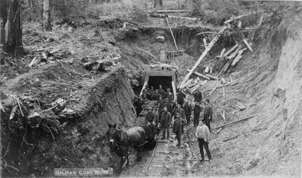 A black and white photograph shows a group of miners standing outside the entrance of the Gilman Coal Mine. A mule hitched to a small cart sits on a narrow rail track while the workers pose amidst a cleared, muddy hillside covered in fallen logs and debris.