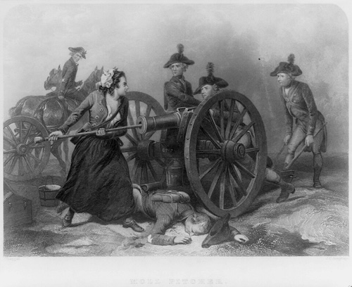A black-and-white print shows a woman in a dress and bonnet, holding a ramrod and loading a cannon. One soldier lies on the ground, while three other soldiers stand nearby, watching her.