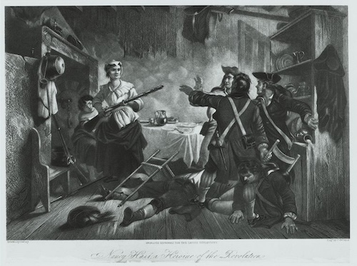 A black-and-white print shows a woman in a colonial-era home holding a musket as she confronts a group of British soldiers. One soldier lies wounded on the floor, while another points his finger angrily at the woman