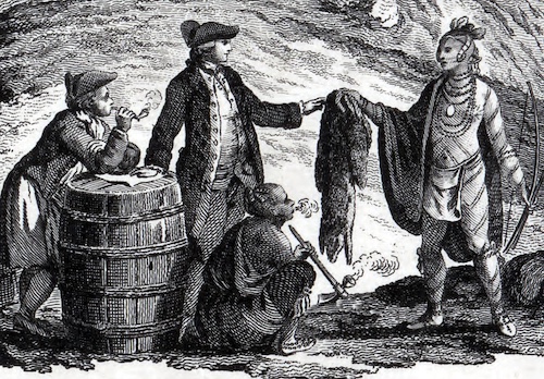 A black and white engraving depicts a fur trade scene between European traders and Indigenous people. On the right, a tall Indigenous man, adorned with feathers and necklaces, holds out a fur pelts to a European man dressed in a coat, waistcoat, and tricorn hat. The European man gestures towards the furs with one hand. To the left, another European man leans against a large wooden barrel, smoking a pipe. A second Indigenous person, crouching, also smokes a pipe. The background is indistinct, suggesting a natural outdoor setting with rocky or uneven ground.